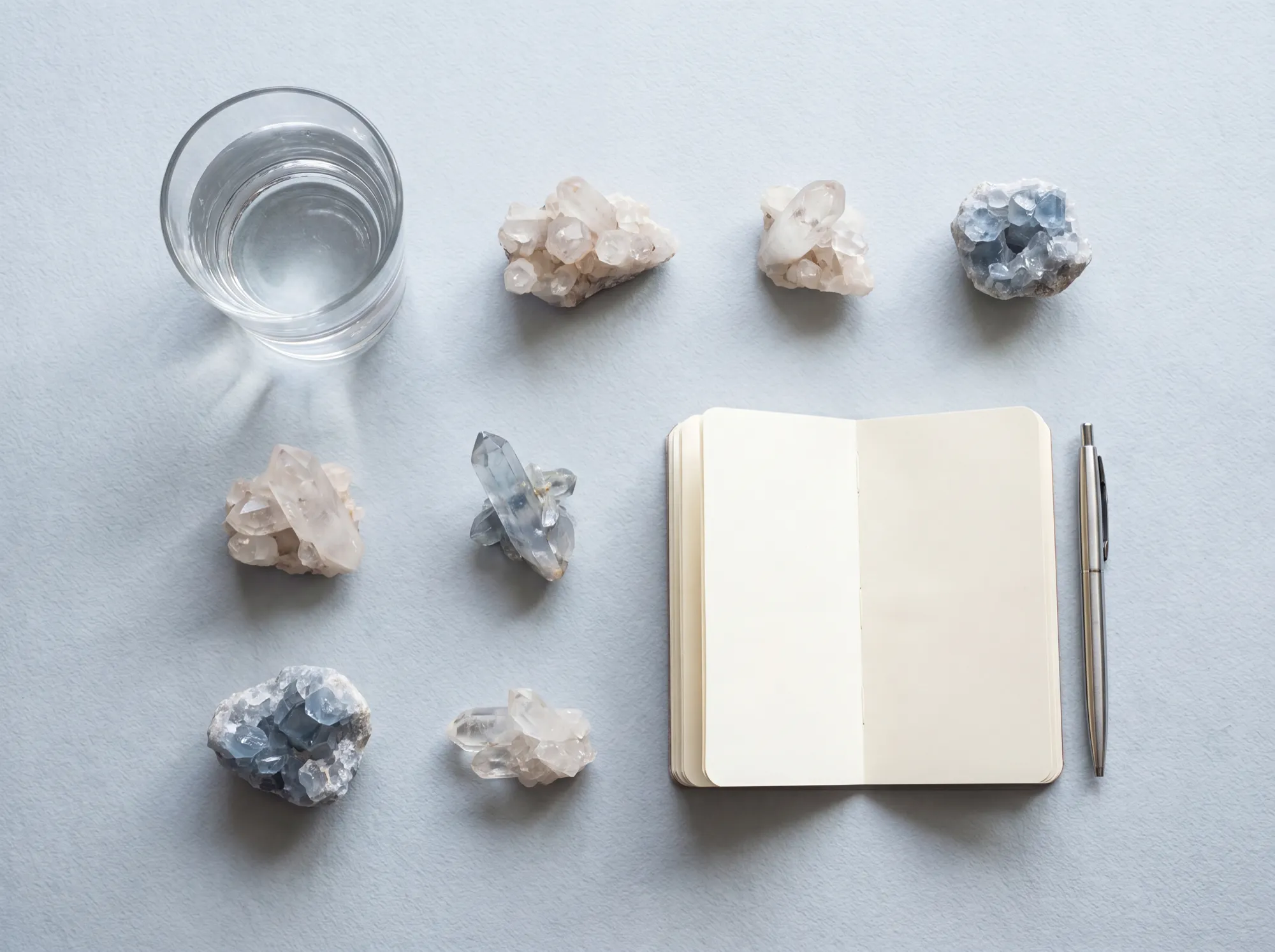A flat-lay of water, mineral crystals and an open notebook