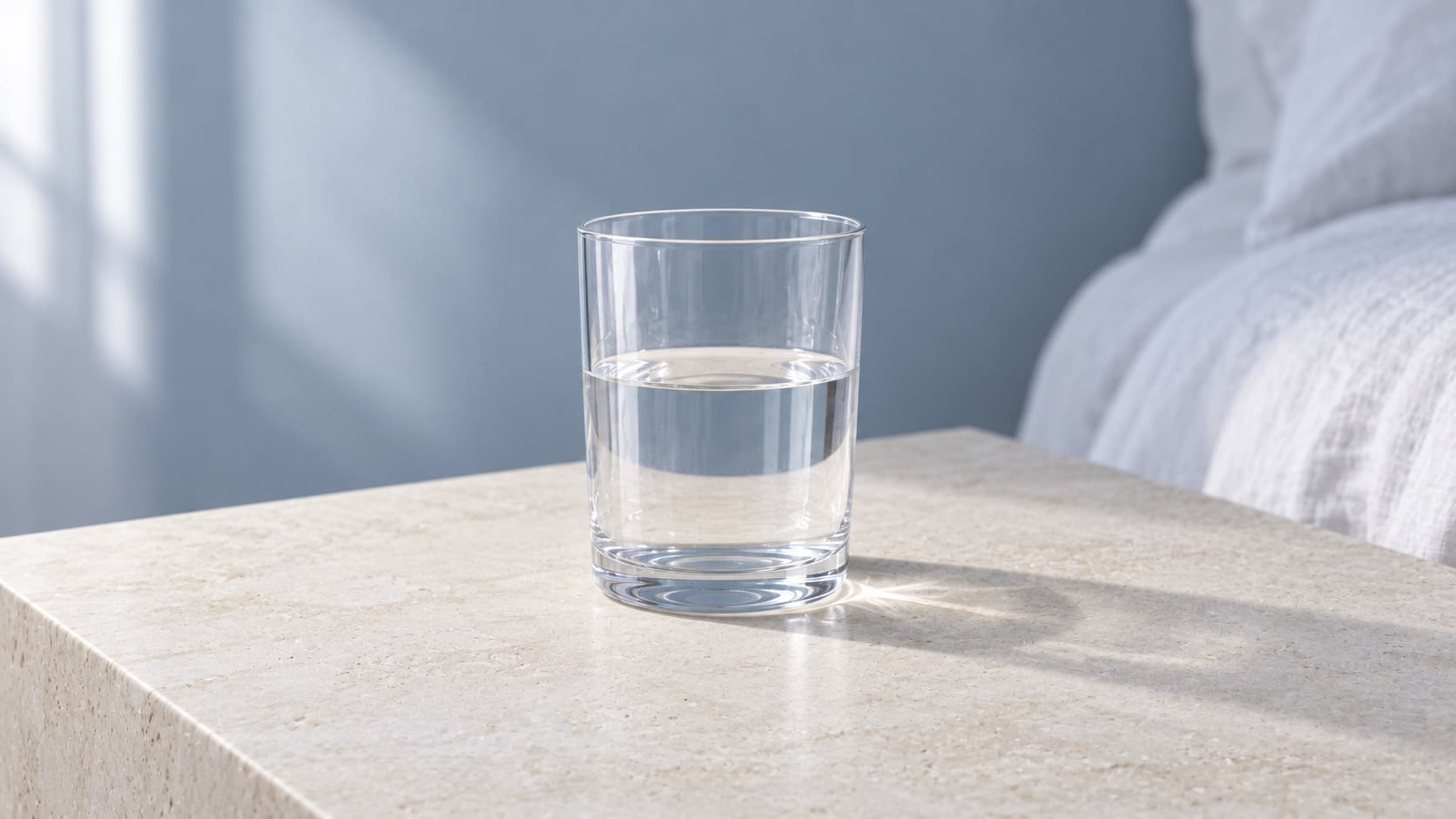 A glass of clear water on a pale stone bedside table beside white bed linen