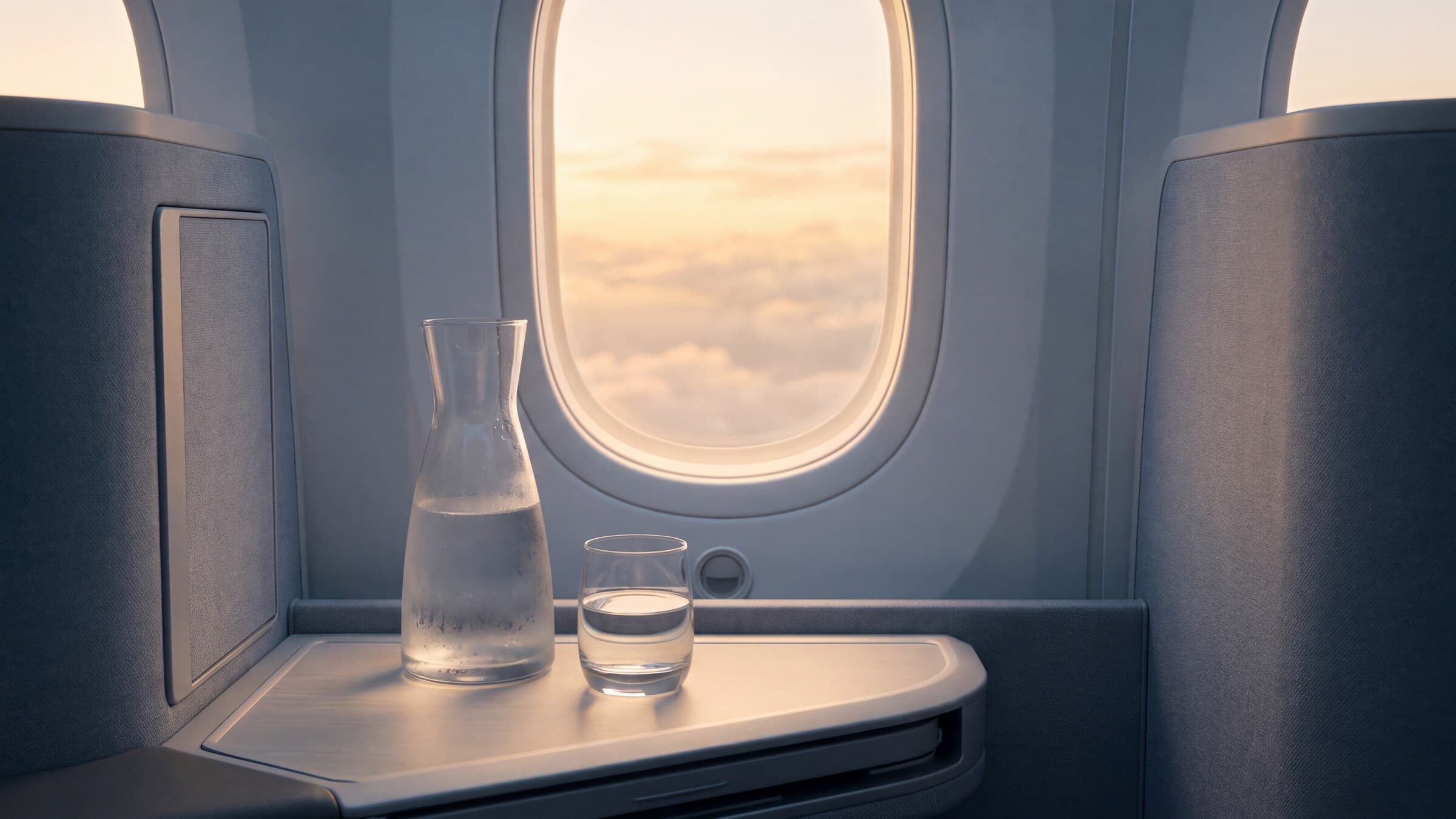 A glass carafe and tumbler of clear water on an airplane table beside a sunlit window