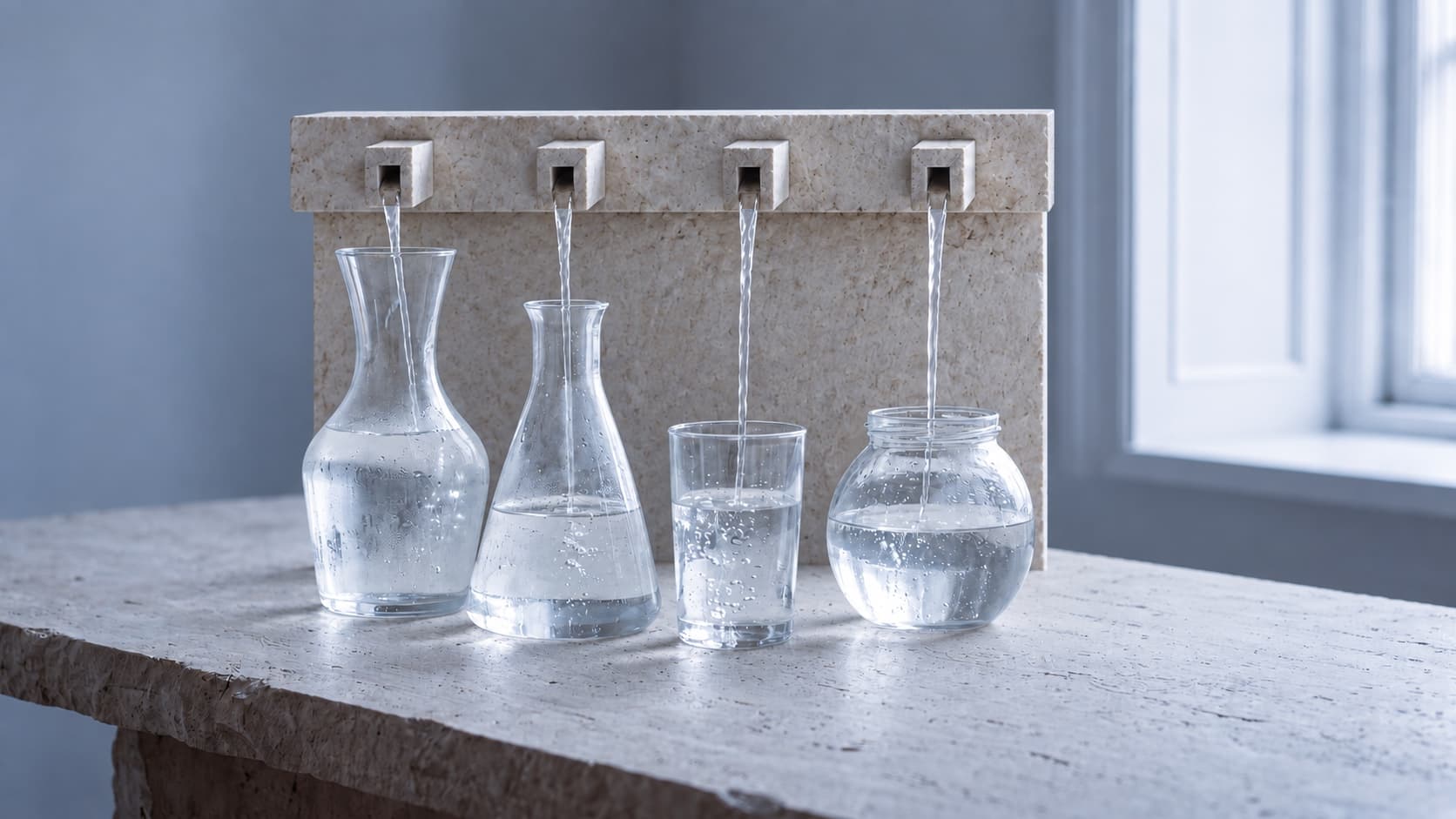 Four differently shaped glass vessels receiving clear water from short stone spouts on a limestone table