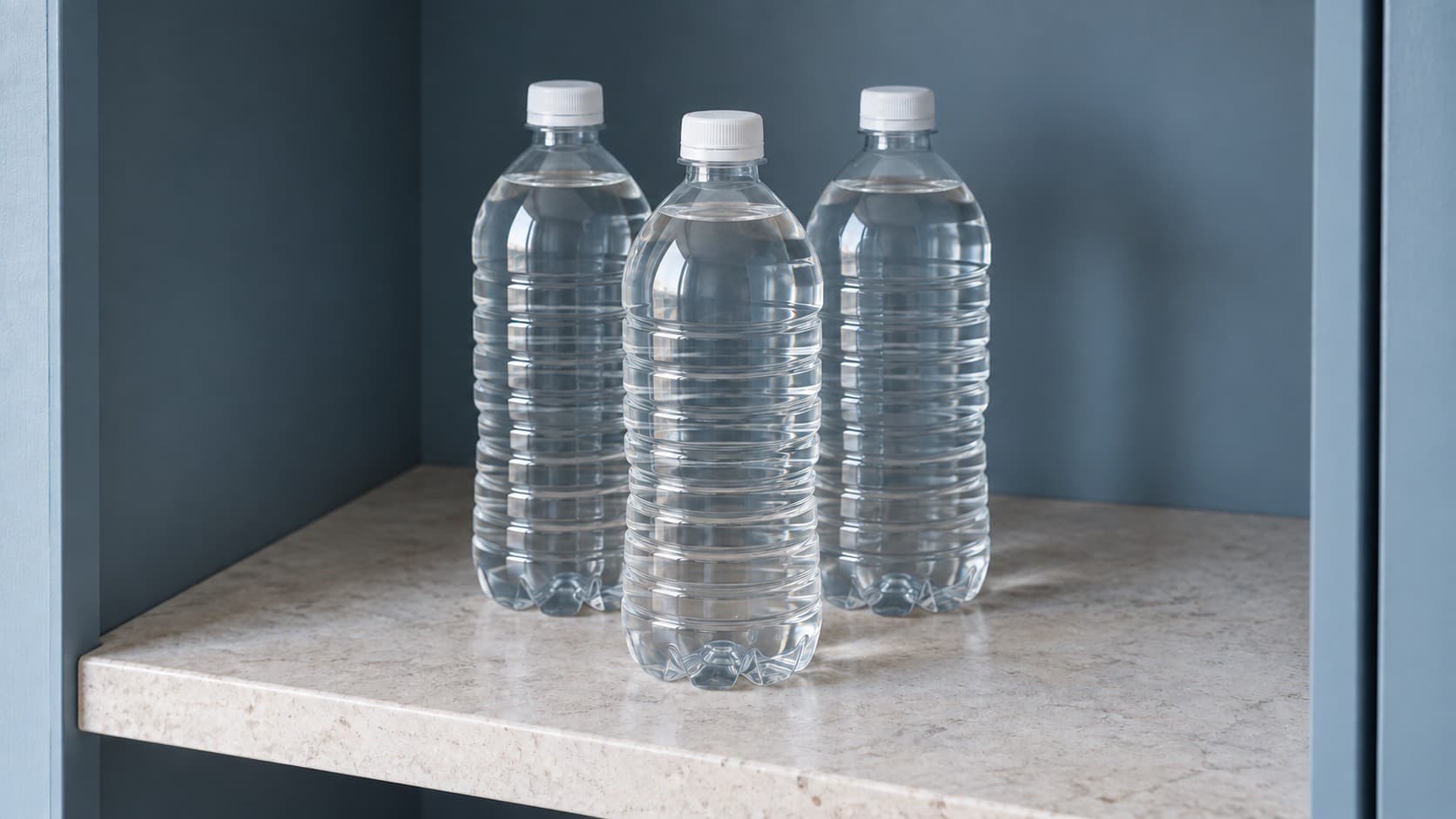 Three unbranded bottles of clear water with white caps on a pale stone shelf in a blue-gray cupboard