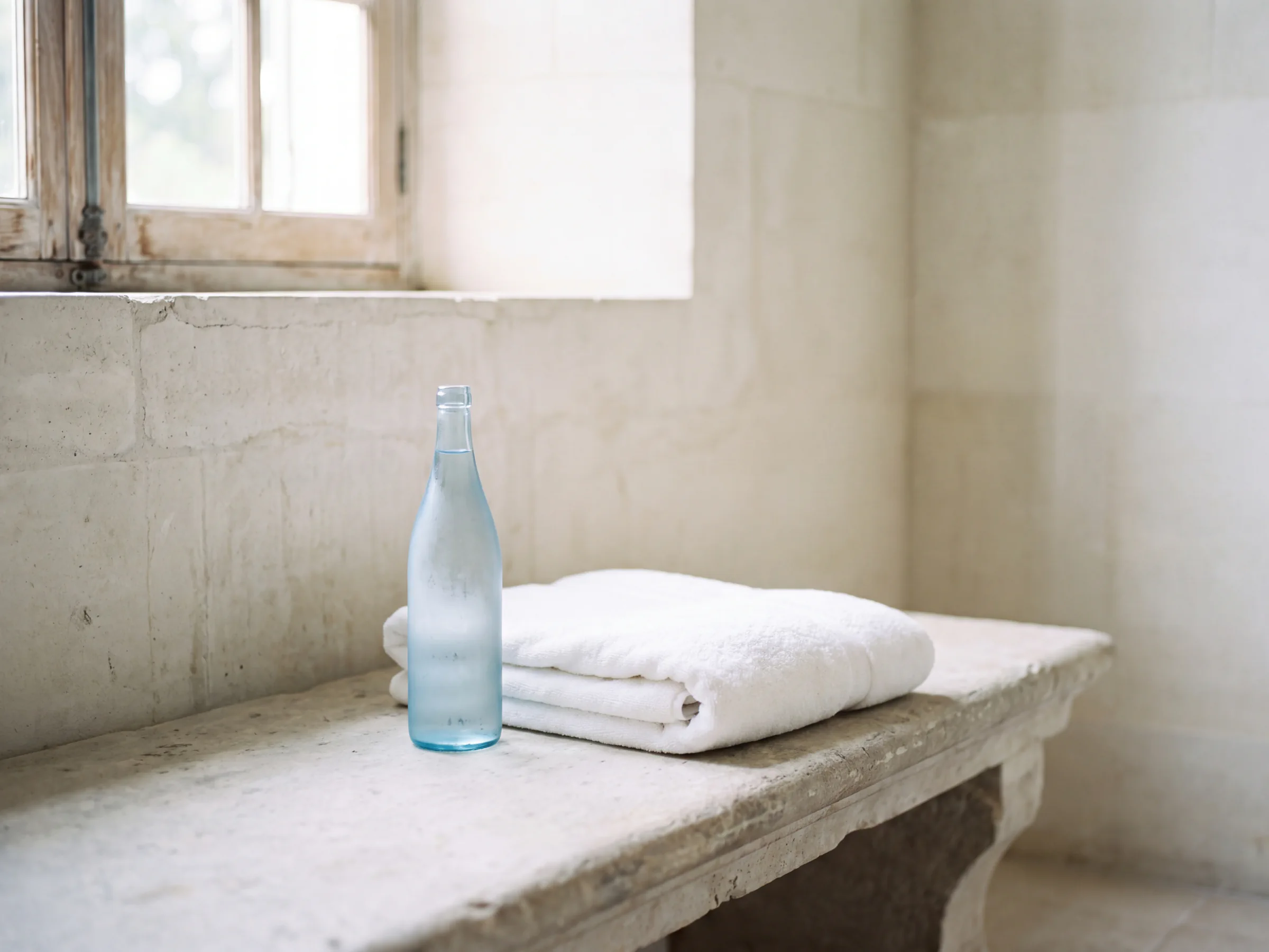 A blue water bottle beside a folded white towel