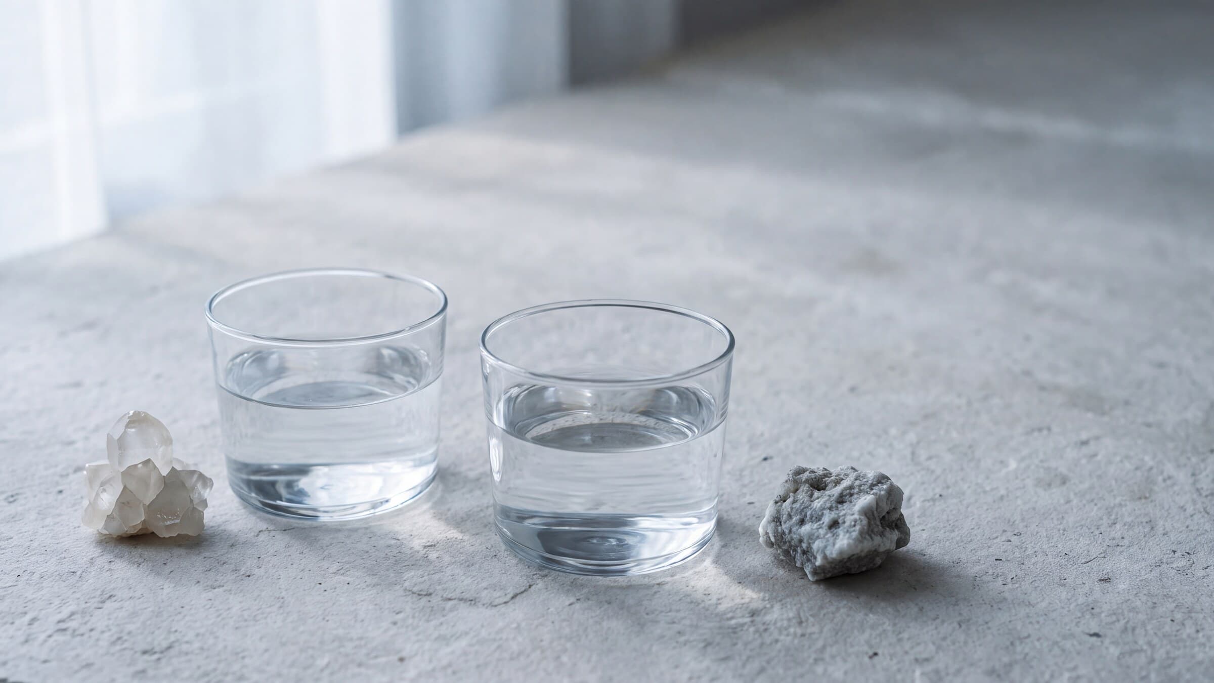 Two clear glasses of water beside pale crystals and a gray stone on a limestone surface