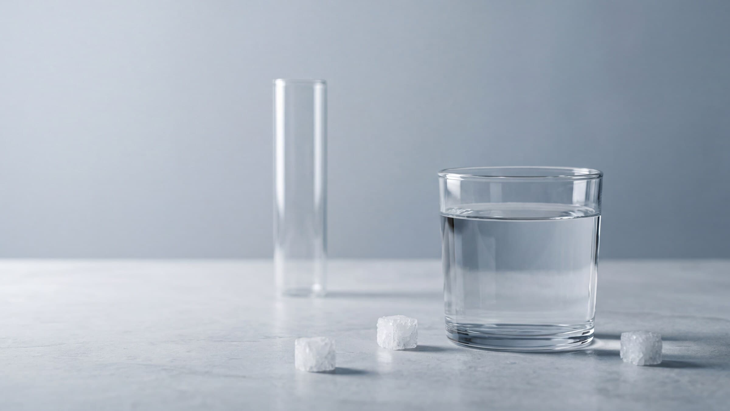 A glass of clear water beside three pale cubic crystals, with a plain glass cylinder behind it