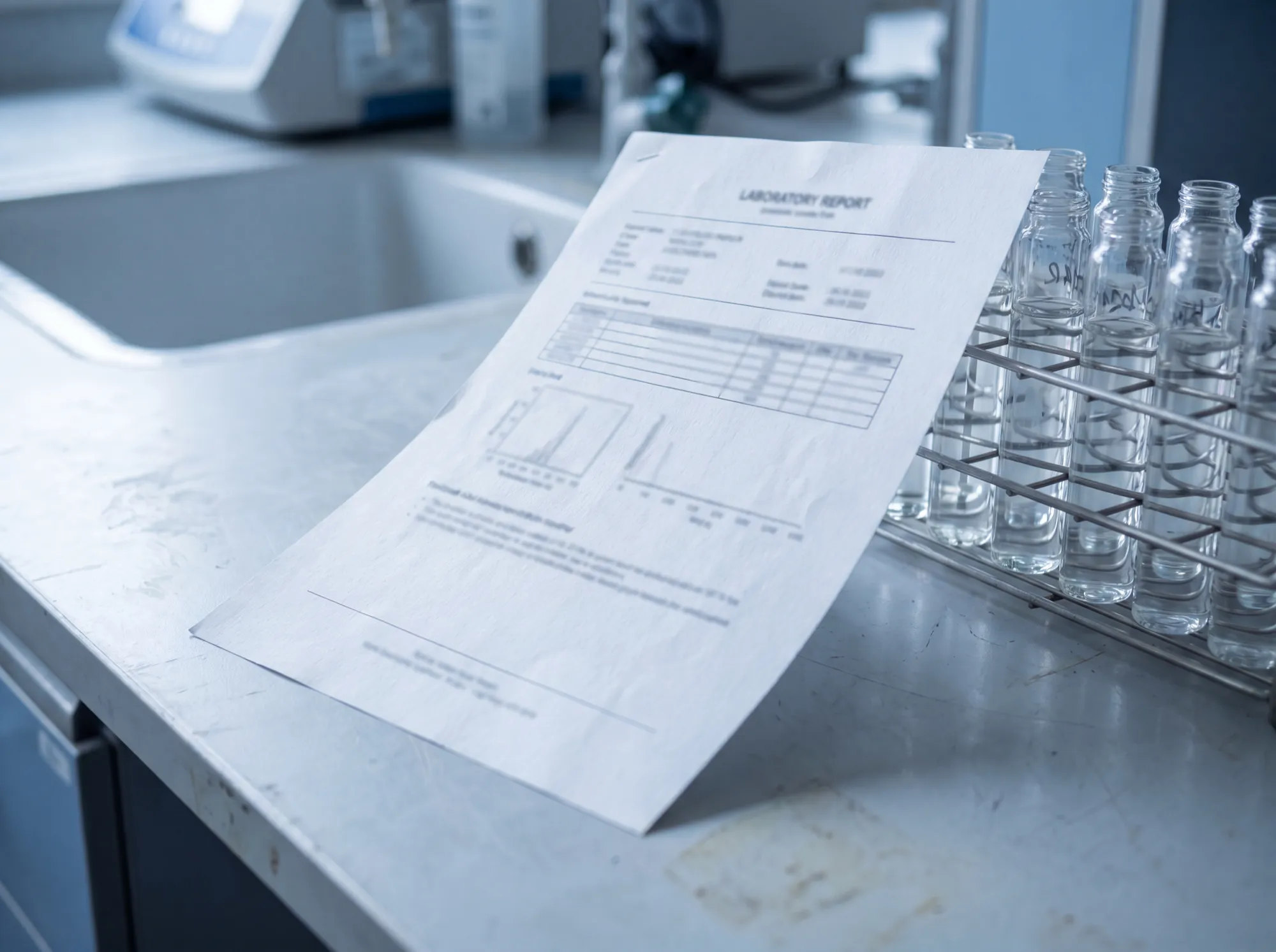 A laboratory report beside a rack of water sample vials