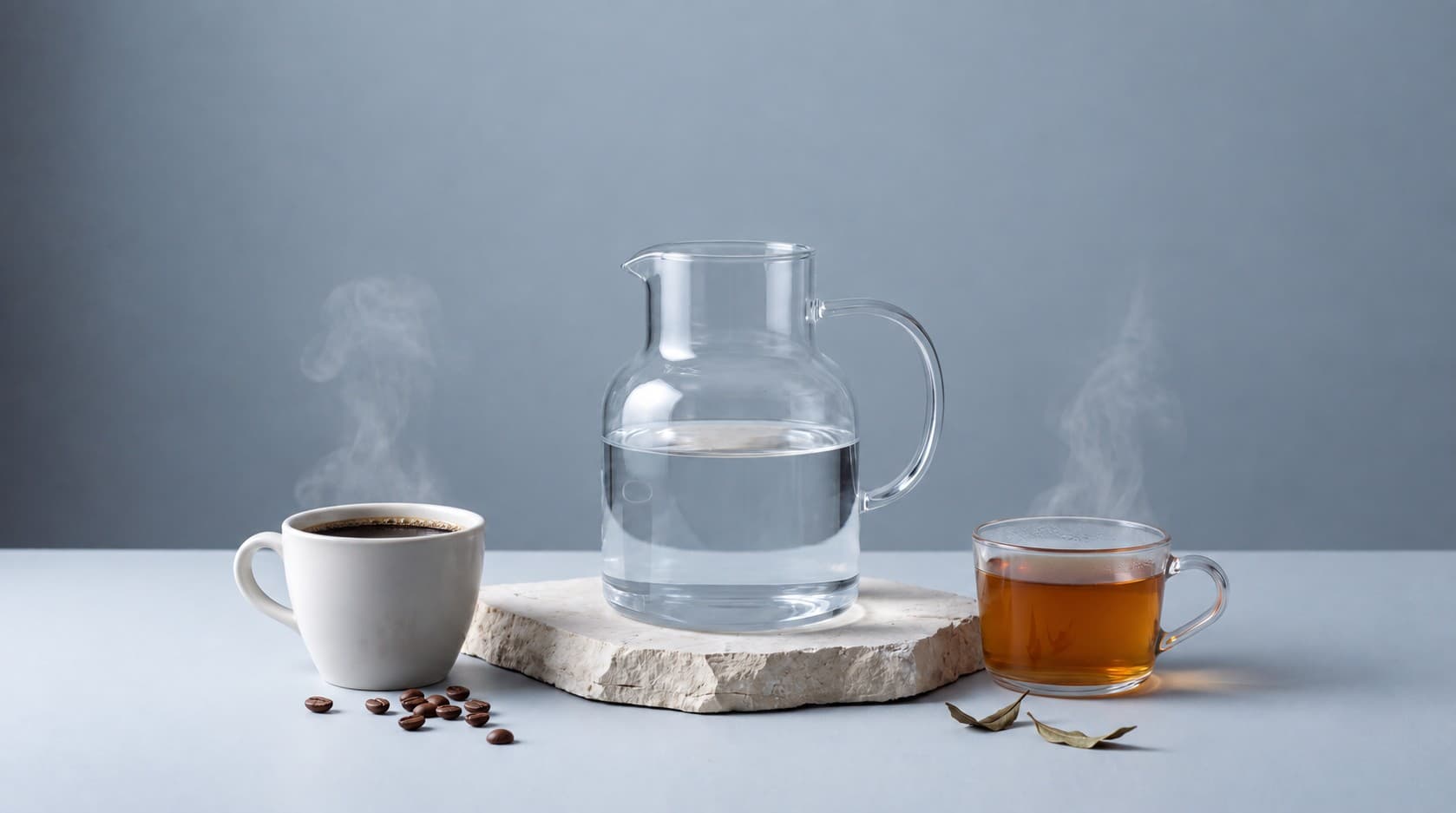 A clear water pitcher on pale stone between a white cup of black coffee and a glass cup of amber tea