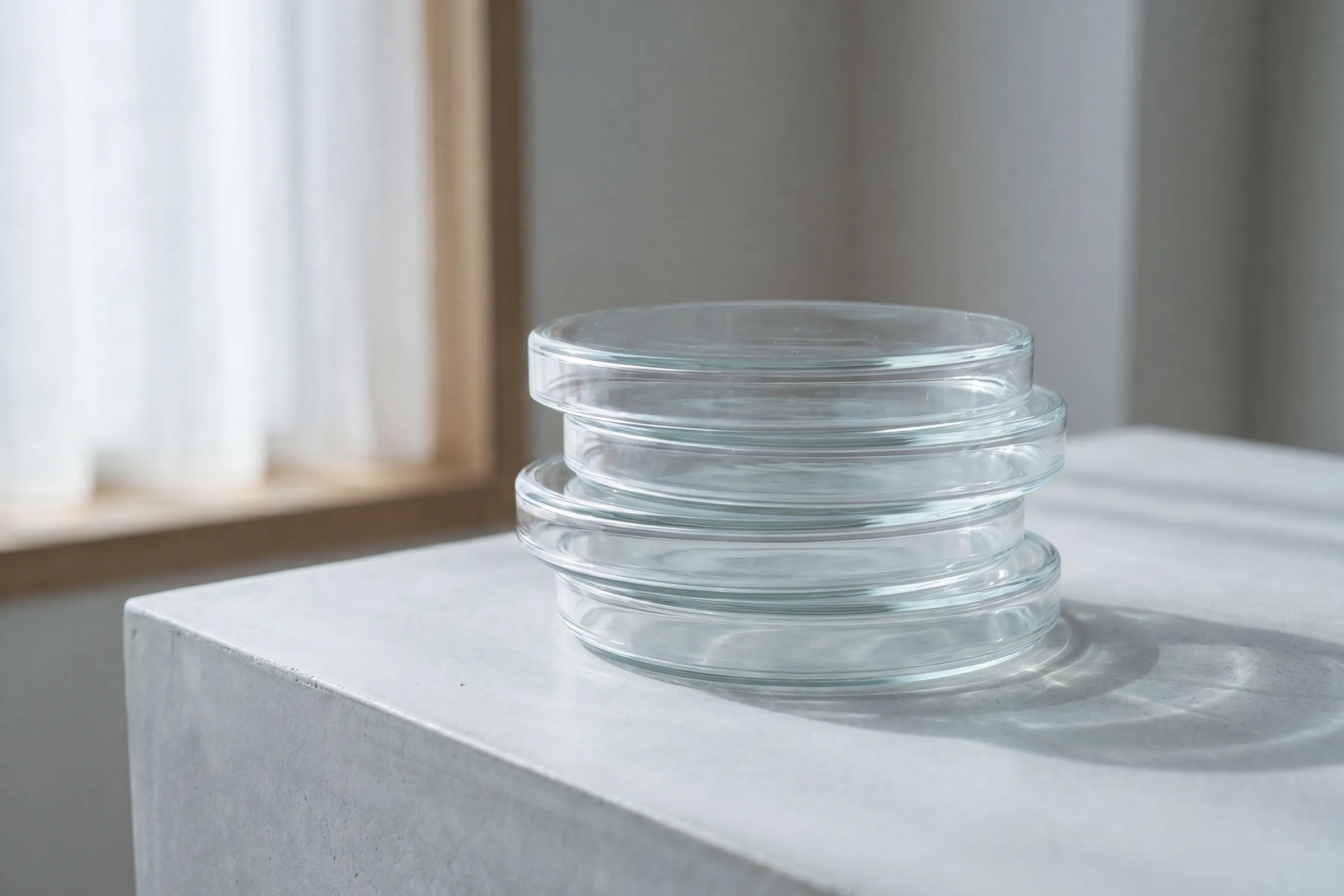 Stacked clear glass petri dishes on a pale pedestal in soft window light