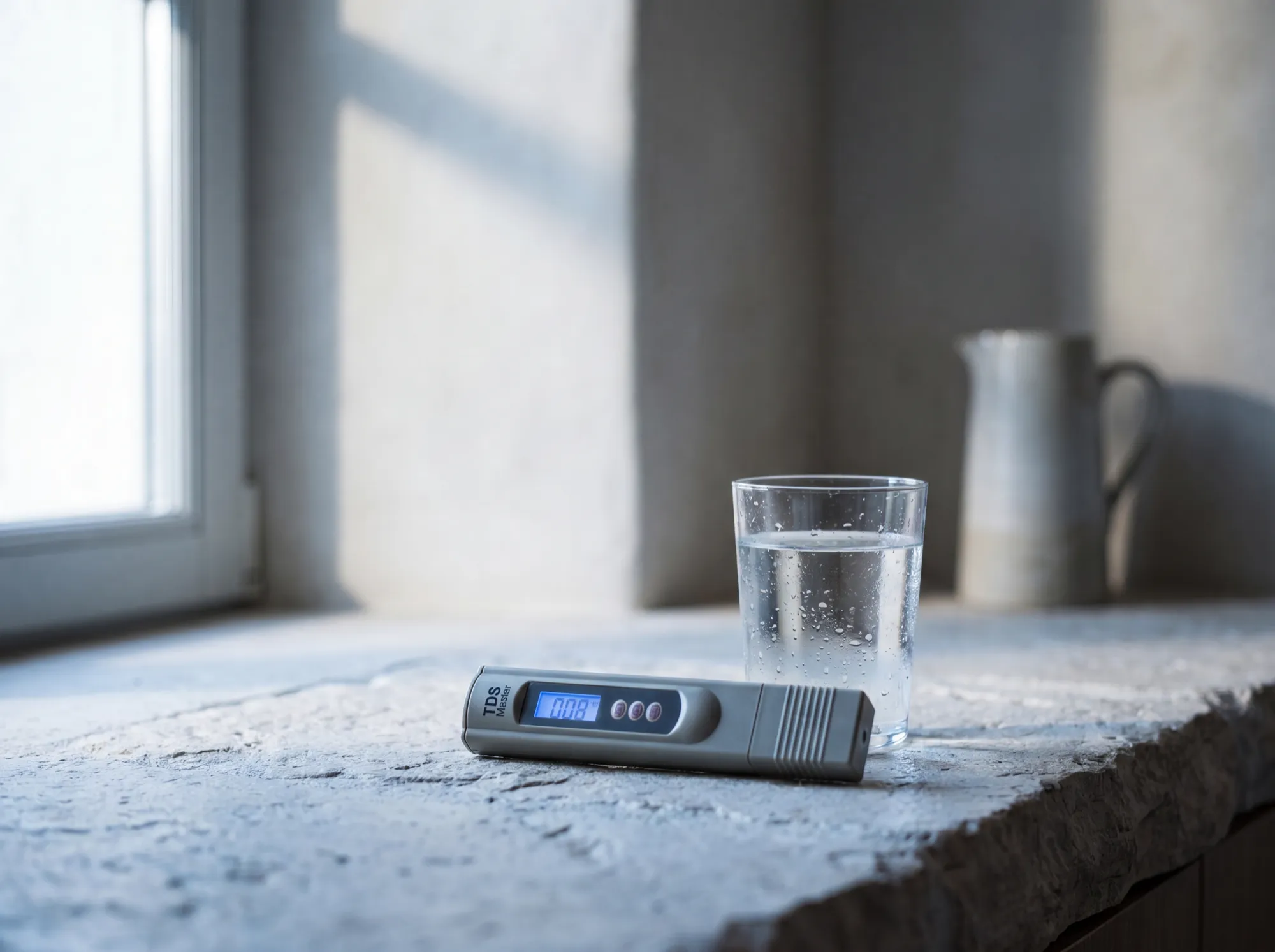 A handheld TDS meter and a glass of water on a stone sill