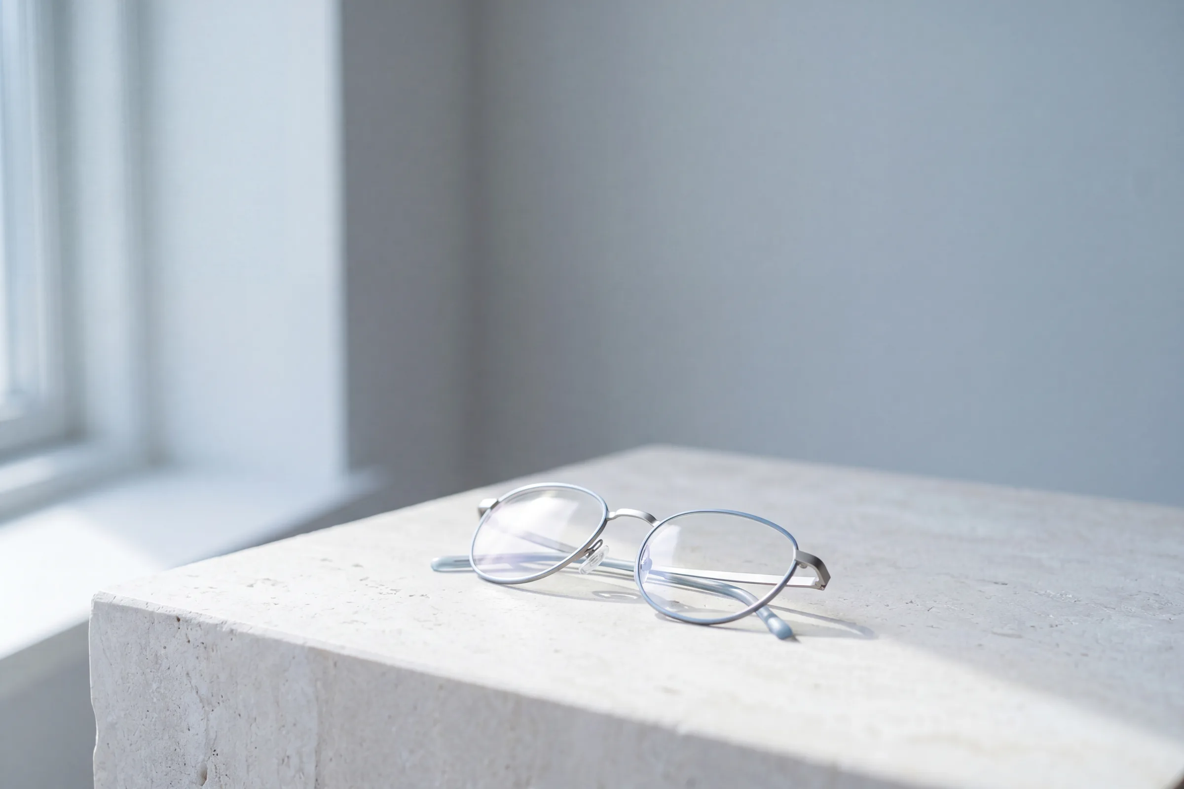 A pair of clear eyeglasses resting on a pale stone surface in soft window light