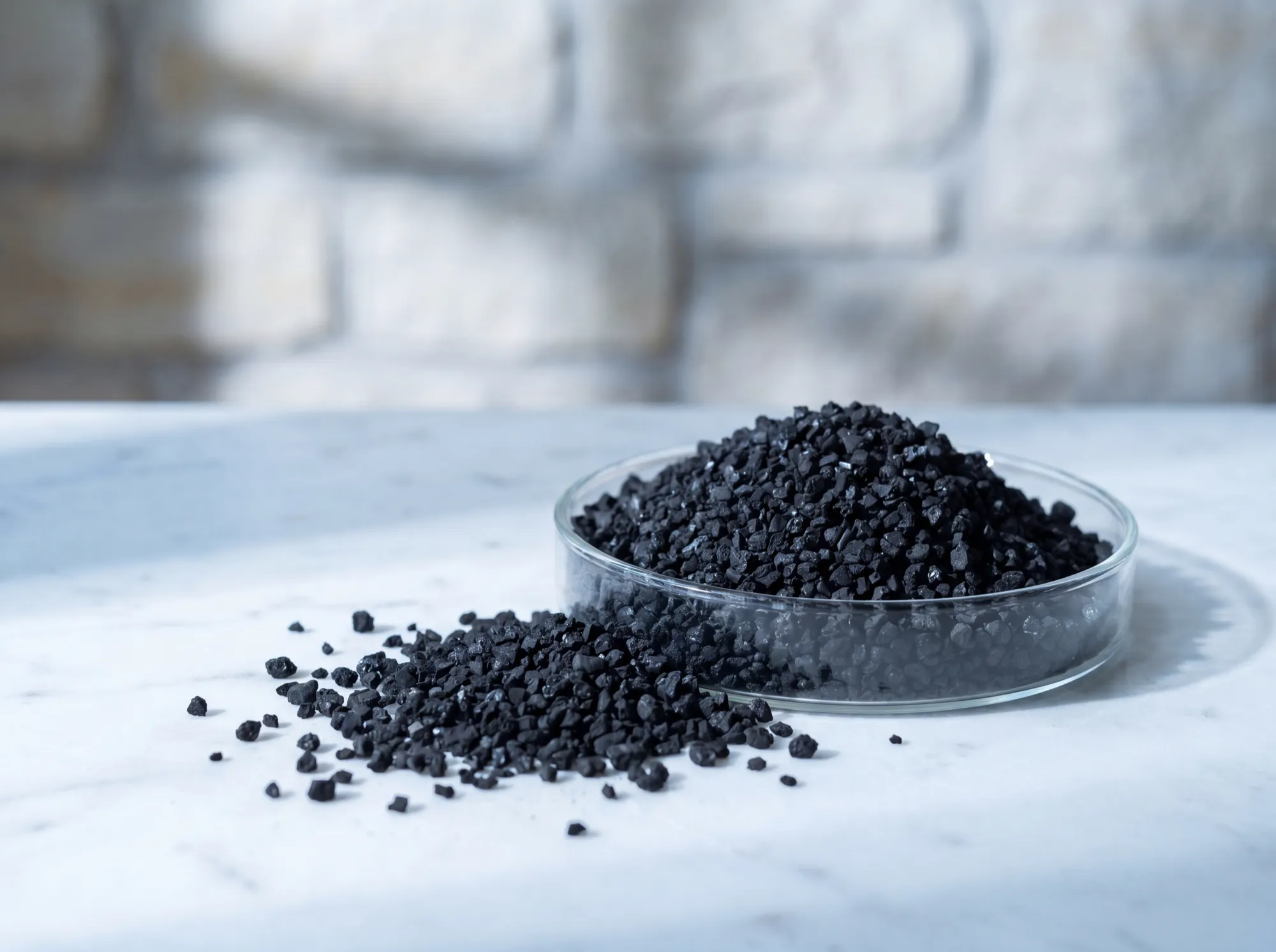 Activated carbon granules in a dish on white marble