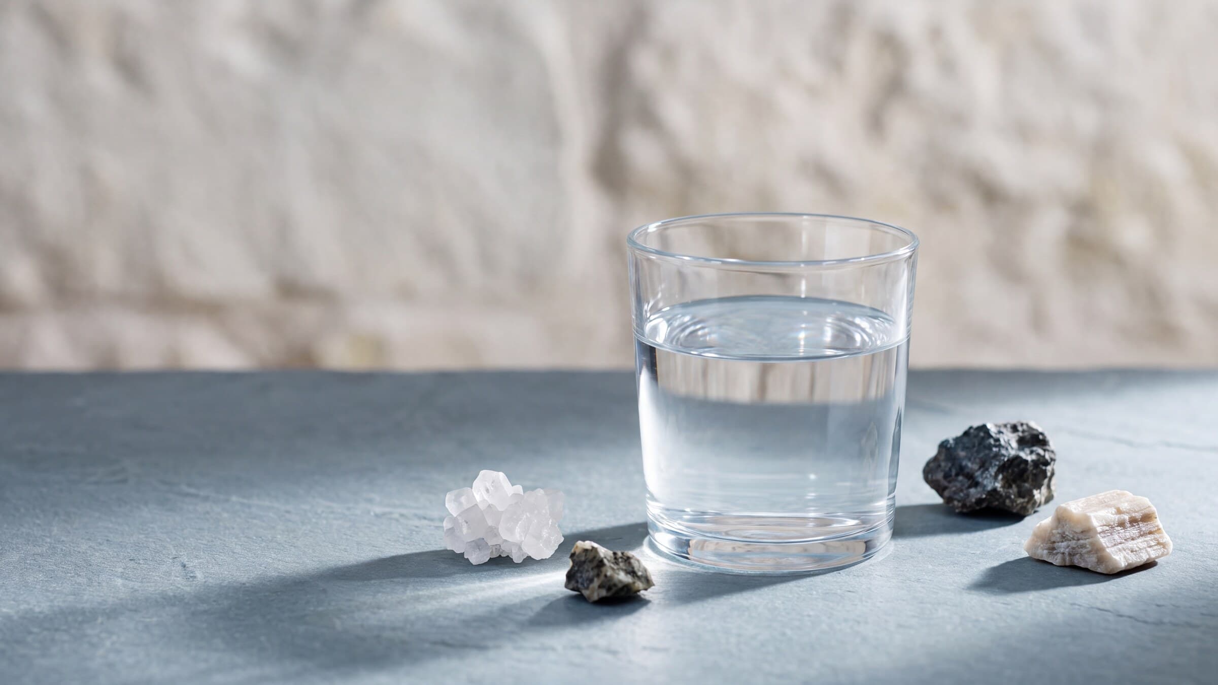 A clear glass of water beside white crystals and dark mineral specimens on blue-gray stone